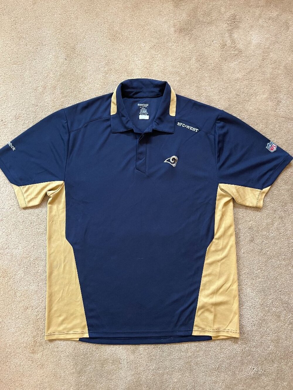 Reebok Men's NFL Los Angeles Rams Blue Yellow Collared Polo Shirt Size XL